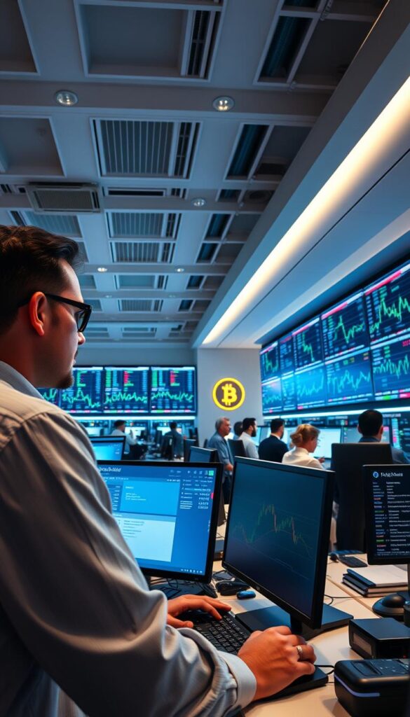 A bustling Bitcoin cryptocurrency exchange, with a sleek and modern user interface. Situated in a bright, airy office space, the exchange features rows of trading terminals and large displays showcasing real-time market data. The foreground showcases a professional trader intently monitoring charts and making trades, while the background is filled with the activity of other traders and analysts collaborating at their desks. Soft, directional lighting illuminates the scene, creating a sense of focus and intensity. The overall atmosphere conveys the dynamic and high-stakes nature of the cryptocurrency market.
