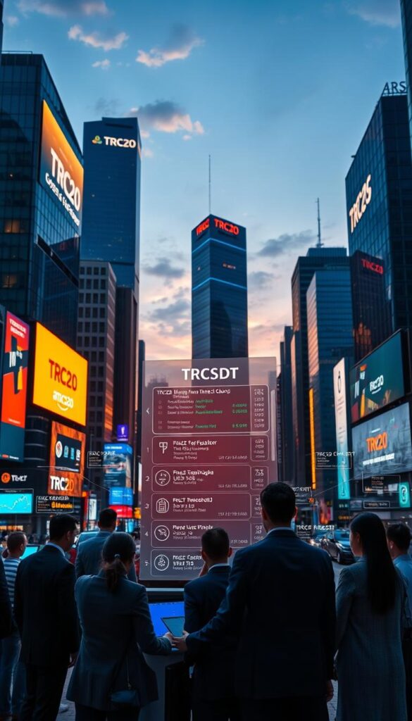 A bustling cityscape at dusk, with sleek high-rise buildings and neon-lit billboards prominently displaying the logos of popular TRC20 USDT exchange platforms. In the foreground, a group of business professionals engrossed in discussions, their laptops and mobile devices open, reflecting the seamless transaction experience these platforms offer. The middle ground features an array of holographic interfaces, showcasing real-time exchange rates, trading volumes, and user-friendly tools. The background is illuminated by the warm glow of the setting sun, casting a serene and professional atmosphere over the scene. The image conveys the efficiency, reliability, and widespread adoption of these TRC20 USDT exchange platforms.