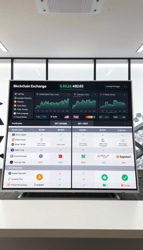 A detailed comparison of various economical blockchain exchange platforms, featuring a sleek interface with intuitive charts, graphs, and data visualizations. The scene is set in a modern, well-lit office environment, with a large display showcasing the key features and pricing structures of different exchanges. The foreground highlights the focal points of the comparison, such as trading fees, withdrawal limits, and security measures, while the middle ground provides an overview of the exchanges' logos and brand identities. The background subtly suggests the global reach and interconnectivity of the crypto ecosystem, with a seamless blend of technological and financial elements.