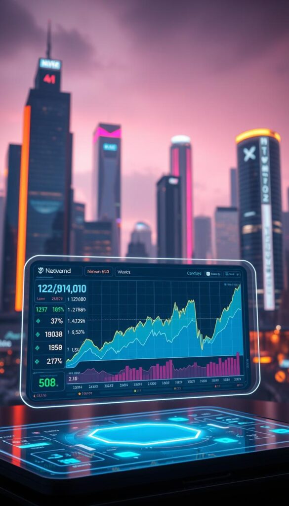 A detailed cryptocurrency market news display with a professional, informative atmosphere. In the foreground, a sleek, holographic interface showcases real-time cryptocurrency prices, trading volume, and market trends. The middle ground features a large, high-resolution chart displaying the fluctuations of major cryptocurrencies over time, rendered in vibrant colors. In the background, a dynamic, tech-inspired cityscape with towering skyscrapers and glowing neon accents sets the scene. Soft, directional lighting illuminates the scene, creating depth and a sense of futuristic elegance. The overall composition conveys a sense of authority, data-driven insights, and the ever-evolving nature of the cryptocurrency market.