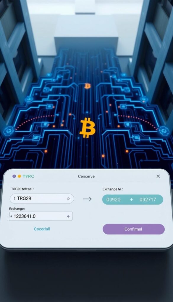 A detailed overhead view of a cryptocurrency exchange interface, showcasing the conversion process from TRC20 tokens to Bitcoin. The foreground displays a sleek, minimalist user interface with intuitive controls for the transaction, including input fields, exchange rate data, and confirmation buttons. The middle ground features a stylized representation of the blockchain network, with digital ledgers and secure data streams visualized in a futuristic, neon-infused aesthetic. The background subtly blends architectural elements, suggesting the integration of this exchange service within a larger financial ecosystem. The lighting is clean and directional, emphasizing the precision and reliability of the exchange process. The overall mood is one of technological sophistication, financial security, and seamless user experience.