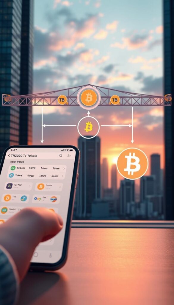 A detailed technical illustration of the TRC20 to Bitcoin swap process. In the foreground, a user's digital wallet interface shows the selection of TRC20 tokens to be swapped. In the middle ground, a secure blockchain bridge connects the TRC20 network to the Bitcoin network, with a visual representation of the token transfer. In the background, a cityscape with skyscrapers and a sunset sky sets an urban, futuristic atmosphere. Realistic 3D rendering with a focus on precision, clarity, and attention to technical details. Lighting is soft and diffused, with a warm color palette. Camera angle is slightly elevated to provide an overview of the swap workflow.