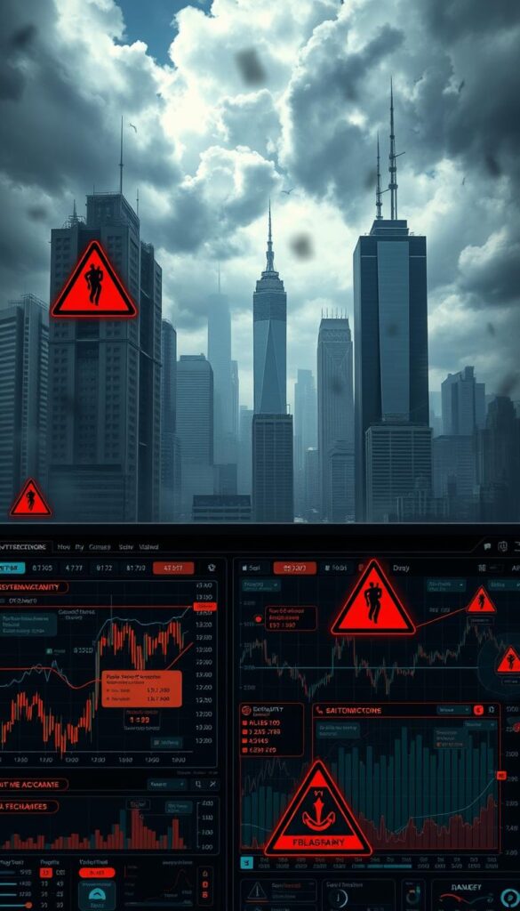 A detailed, technologically-advanced cryptocurrency exchange interface with prominent security warnings, cautionary symbols, and data visualization elements. The foreground features a user interface with graphs, charts, and alerts highlighting potential risks such as volatile price fluctuations, platform vulnerabilities, and withdrawal delays. The middle ground showcases complex financial data overlaid with ominous glyphs and danger signs. The background depicts a ominous, dystopian cityscape with towering skyscrapers and a turbulent, unsettled sky, conveying the high-stakes, high-risk nature of the cryptocurrency market.