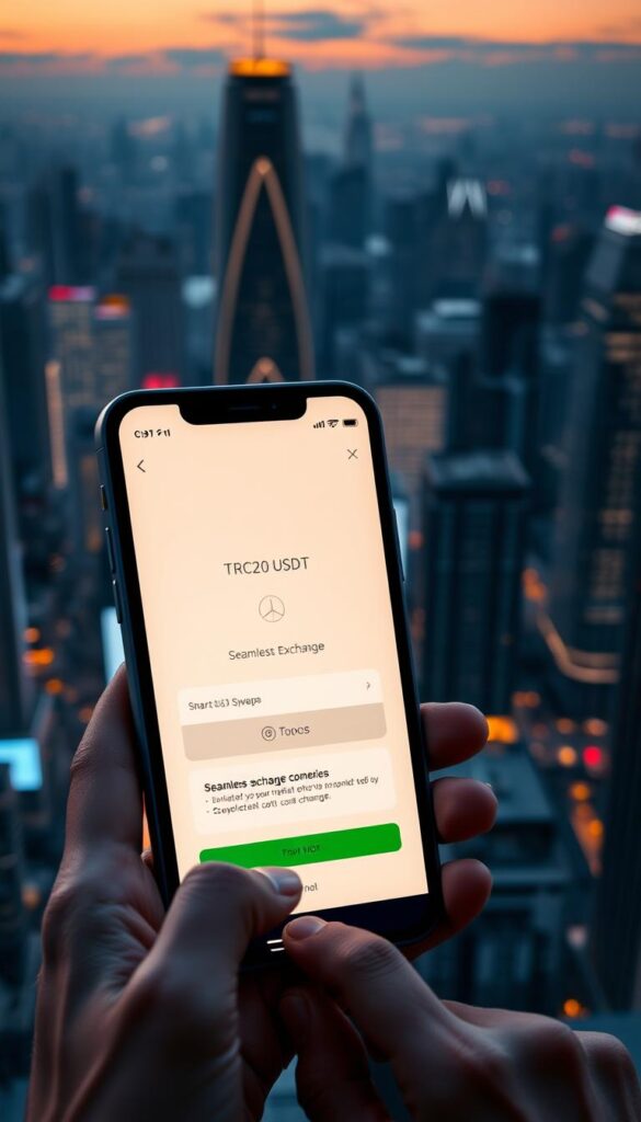 A digital cityscape at dusk, with neon-lit skyscrapers and a bustling metropolis in the background. In the foreground, a smartphone screen displays a sleek, intuitive interface for a TRC20 USDT swap. The screen is backlit with a soft, warm glow, creating a sense of effortless transaction. The user's hands are visible, carefully navigating the seamless exchange, underscoring the instant and convenient nature of the process. The scene is captured through a high-quality lens, with a shallow depth of field that focuses the viewer's attention on the central action. The overall mood is one of technological advancement, efficiency, and the seamless integration of finance and modern life.