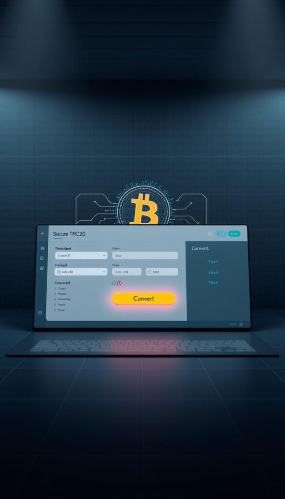 A digital interface showcasing a secure TRC20 to Bitcoin conversion process. In the foreground, a sleek and intuitive dashboard presents conversion options, input fields, and a prominently displayed "Convert" button. The middle ground features a visual representation of the transaction, with encrypted data streams flowing between the TRC20 and Bitcoin symbols. The background depicts a serene, minimalist environment, with subtle grid patterns and muted colors conveying a sense of technological sophistication and safety. Soft, directional lighting highlights the key elements, creating depth and emphasizing the user-centric design. The overall mood is one of confidence, efficiency, and assured security in the cryptocurrency exchange process.