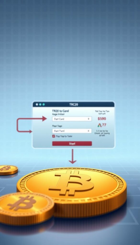 A high-fidelity illustration depicting the TRC20 to Bitcoin conversion process. In the foreground, a detailed visualization of the transaction flow, with arrows and icons representing the key steps. The middle ground showcases an intuitive interface with input fields, buttons, and status indicators, all rendered in a sleek, modern aesthetic. The background features a subtle grid pattern and a minimalist color palette, creating a clean, technical atmosphere. Crisp lighting, a shallow depth of field, and a slightly elevated camera angle lend an air of professionalism and authority to the scene.