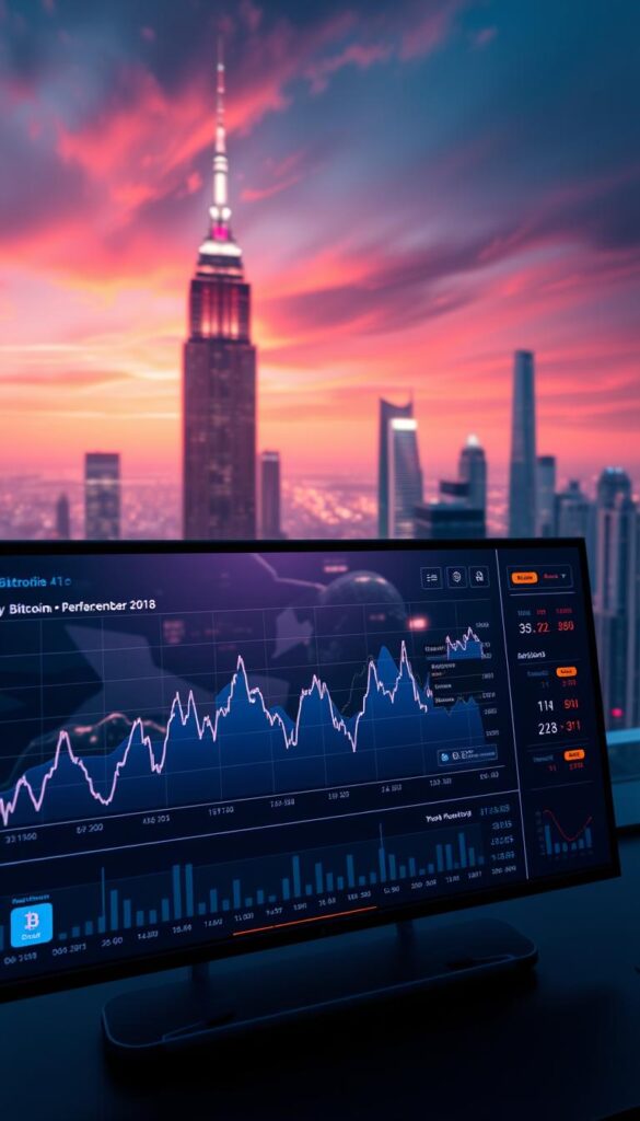 A high-resolution, hyper-realistic image of a Bitcoin performance tracking dashboard. The foreground features a detailed line graph displaying the fluctuations in Bitcoin's price over time, rendered with crisp data visualization. The middle ground shows a sleek, minimal user interface with various metrics and analytics related to Bitcoin's market performance, displayed on a high-resolution display. The background depicts a serene, futuristic cityscape with gleaming skyscrapers and a vibrant, neon-tinged sky, suggesting a technologically advanced, crypto-centric environment. Dramatic cinematic lighting and a deep depth of field create a sense of immersion and sophistication.