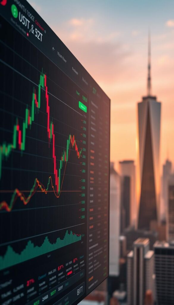 A high-resolution image of a digital trading platform interface displaying the real-time conversion rate between USDT (Tether) and BTC (Bitcoin). The foreground shows a detailed chart with candlestick patterns, volume indicators, and price movement data. The middle ground features a live order book with buy and sell orders, as well as trading volume statistics. The background depicts a cityscape with skyscrapers, hinting at the global financial markets. The lighting is warm and balanced, creating a professional, analytical atmosphere. The camera angle is slightly elevated, providing an overview of the trading dashboard. The image conveys the idea of carefully assessing the USDT to BTC conversion market before making a swap transaction.