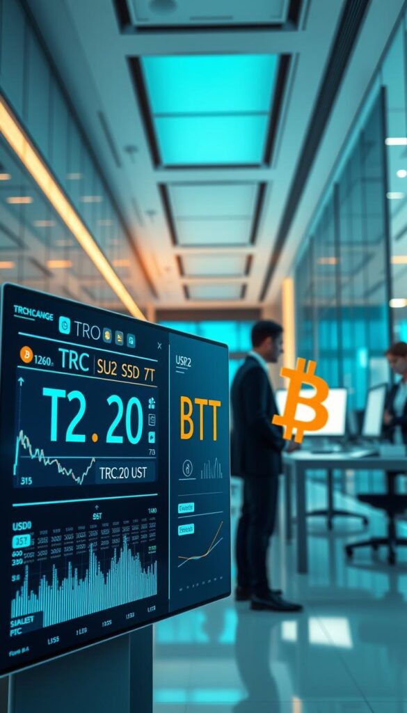 A highly detailed, hyperrealistic image of an instant currency exchange rate display showcasing the exchange of TRC20 USDT for BTC. The display is shown in a well-lit, modern financial office setting with clean, minimalist aesthetics. The foreground features a prominent digital interface with real-time exchange rate information, crisp numerical data, and clear visualizations. The middle ground depicts professional financial analysts intently observing the display, conveying a sense of urgency and precision. The background incorporates sleek, high-tech office elements like glass walls, computer terminals, and geometric architectural details, creating an atmosphere of technological sophistication. The overall mood is one of efficiency, reliability, and the seamless facilitation of digital asset exchanges.
