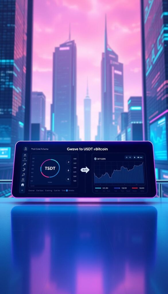 A modern cryptocurrency exchange interface with a vibrant, neon-infused aesthetic. The foreground features a sleek, high-contrast swap panel with clear instructions for converting TRC20 USDT to Bitcoin. The middle ground showcases dynamic charts and data visualizations, conveying the real-time nature of the transaction. The background immerses the viewer in a futuristic cityscape, with towering skyscrapers and a vibrant, pulsing skyline. Soft, directional lighting creates depth and drama, while a cool color palette evokes a sense of precision and technological sophistication. The overall mood is one of efficiency, innovation, and the seamless integration of digital finance.