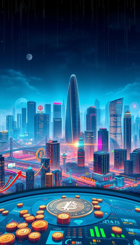 A panoramic view of a dynamic cryptocurrency market, with a vibrant landscape of digital currencies and financial charts against a backdrop of a futuristic city skyline. The foreground features a central display showcasing real-time market trends, with lines and graphs depicting the rise and fall of various cryptocurrencies. The middle ground showcases a diverse array of digital wallets, trading platforms, and analytical tools, all working in harmony to provide a comprehensive view of the market's pulse. The background is dominated by a cityscape of sleek, modern buildings, their facades reflecting the ever-changing digital landscape. The overall scene conveys a sense of technological advancement, financial complexity, and the constant evolution of the cryptocurrency market.