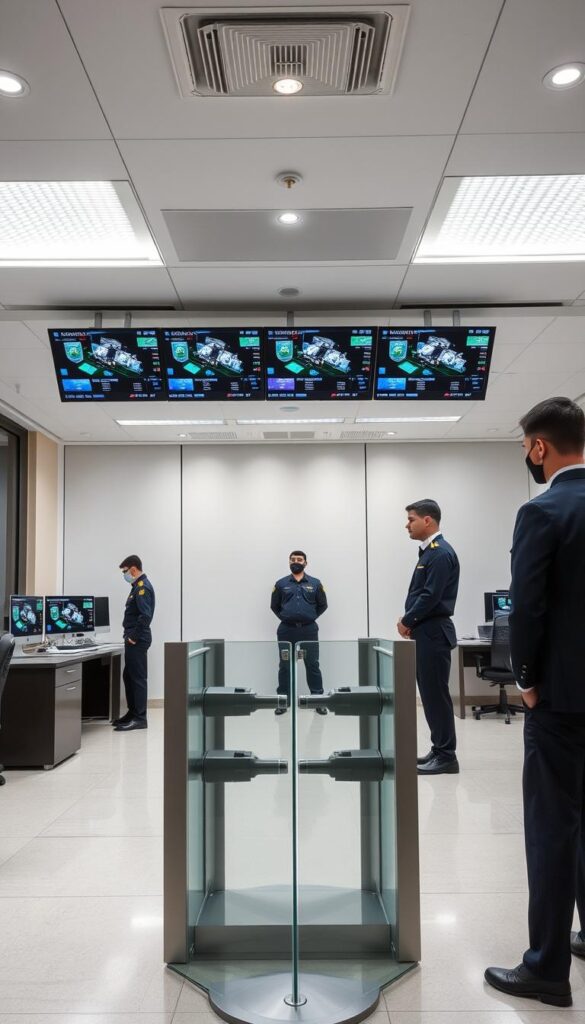 A professional and discreet crypto exchange office with robust security measures. The foreground features a sleek, modern security desk with an imposing bulletproof glass panel and a sophisticated access control system. In the middle ground, uniformed security guards stand vigilant, monitoring multiple high-definition surveillance screens. The background showcases a minimalist, well-lit workspace with ergonomic workstations and a serene, calming atmosphere to instill a sense of trust and reliability. Subtle yet effective lighting accentuates the overall professional and trustworthy ambiance, conveying the exchange's commitment to secure and seamless transactions.