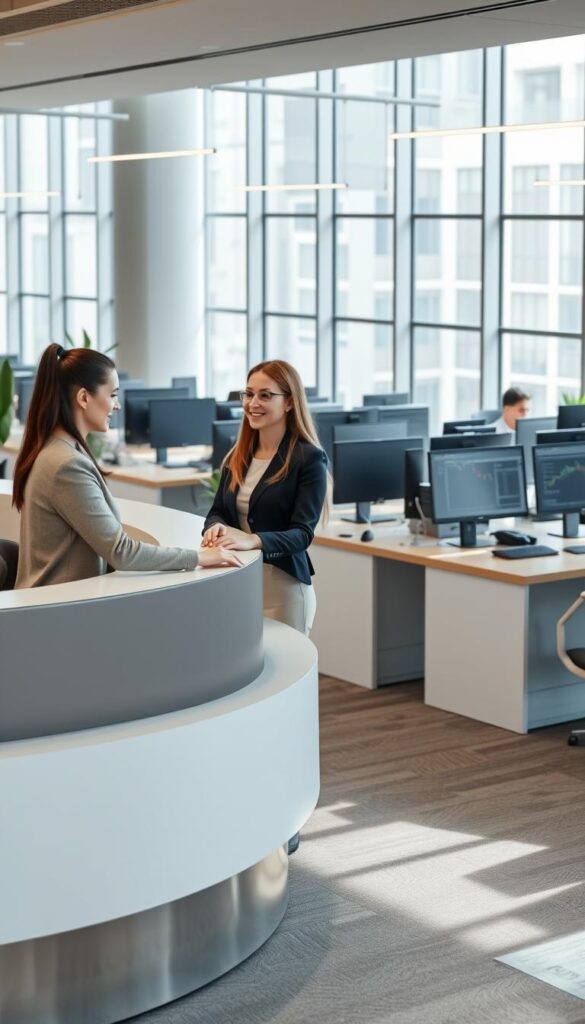 A professional and trustworthy cryptocurrency exchange service set in a modern, minimalist office interior. In the foreground, a customer service representative assists a client at a sleek, curved reception desk, conveying a sense of efficiency and reliability. The middle ground features rows of computer workstations, where employees diligently monitor market activity and process transactions. The background showcases floor-to-ceiling windows, allowing natural light to flood the space and create a bright, welcoming atmosphere. The overall tone is one of professionalism, security, and customer-centric service.