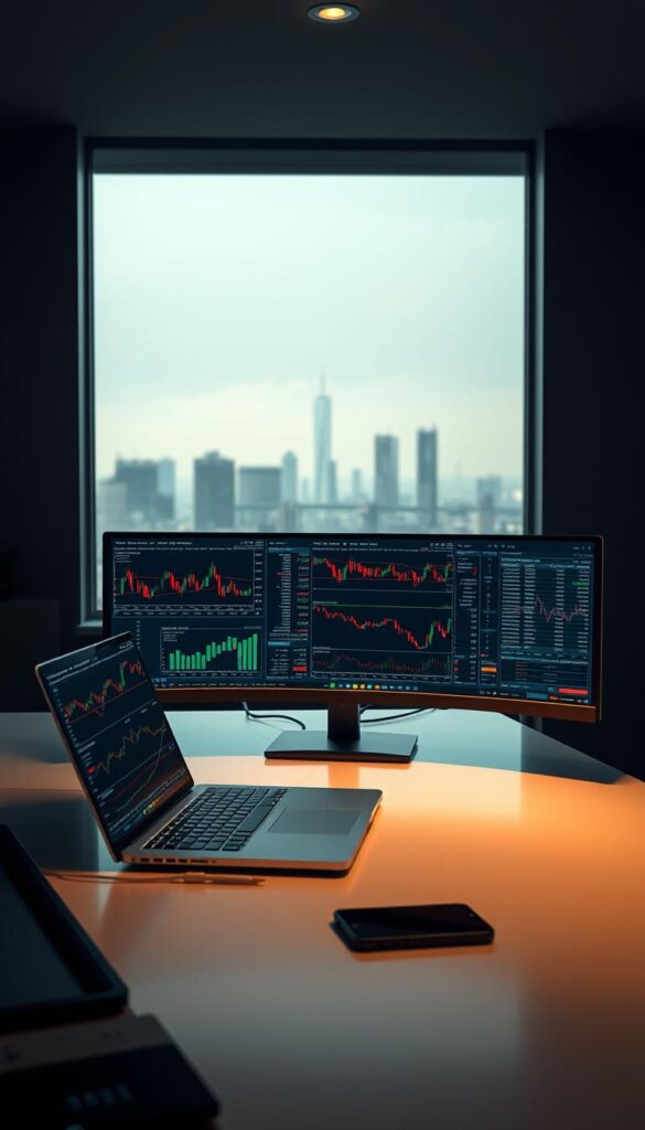 A professional stock trader's desk in a dimly lit room, with a large monitor displaying various cryptocurrency trading charts and graphs. In the foreground, a laptop and a smartphone sit on the desk, symbolizing the ease and convenience of low-fee crypto trading. The background features a serene, minimalist cityscape, conveying a sense of security and stability. The lighting is soft and warm, creating a cozy and focused atmosphere. The entire scene is captured with a wide-angle lens, emphasizing the attention to detail and the overall composition.