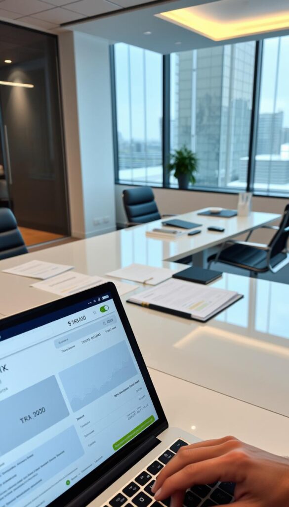 A secure TRX to BTC exchange taking place in a modern, well-lit financial office. In the foreground, a laptop screen displays the exchange interface, with clear visualizations of the transaction details. The middle ground features a professional-looking desk, with a carefully organized array of documents and office supplies. The background showcases the sleek, minimalist design of the office, with large windows allowing natural light to flood the space. The overall atmosphere conveys a sense of trust, efficiency, and attention to detail, reflecting the importance of the financial transaction.