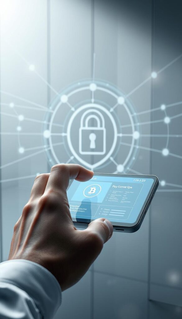 A secure cryptocurrency conversion process depicted in a high-resolution, realistic 3D render. In the foreground, a user's hand interacts with a sleek, futuristic digital wallet interface, navigating the steps for a seamless TRC20 to Bitcoin transfer. The middle ground showcases a secure, encrypted network connection, with nodes and data streams visualized in an elegant, abstract manner. The background features a serene, minimalist environment with subtle metallic and glass textures, conveying a sense of safety, reliability, and technological sophistication. Soft, directional lighting casts gentle shadows, enhancing the depth and clarity of the scene. The overall mood is one of trust, efficiency, and technological prowess.