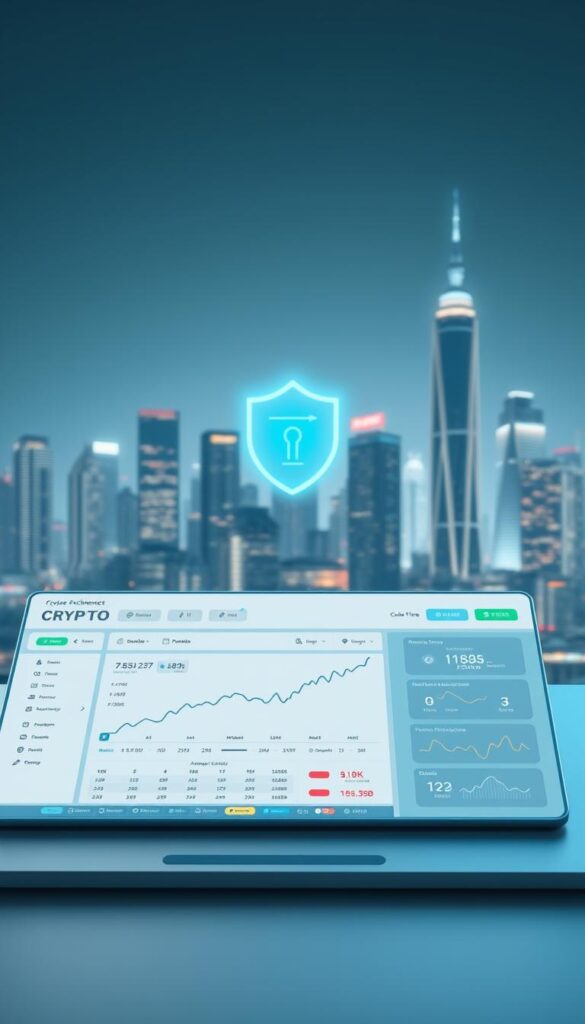 A secure cryptocurrency exchange platform with a sleek, minimalist interface. The foreground features a clean dashboard with real-time crypto prices, trading charts, and intuitive controls. The middle ground showcases a robust security system with multi-factor authentication, encrypted data transmission, and cold storage for assets. The background depicts a futuristic cityscape with glowing skyscrapers, reflecting the platform's cutting-edge technology. Soft blue and grey tones create a calm, trustworthy atmosphere. High-resolution, realistic rendering with cinematic lighting and a subtle depth of field effect.