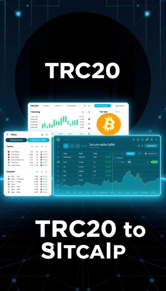 A sleek and modern cryptocurrency exchange interface, showcasing a user-friendly platform for swapping TRC20 tokens to Bitcoin. The foreground features a clean and intuitive dashboard with interactive charts, trading pairs, and transaction history. The middle ground depicts secure wallet integration and seamless transfer flows. The background subtly highlights the decentralized blockchain technology powering the exchange, with subtle grid patterns and geometric shapes alluding to the complex underlying infrastructure. The overall aesthetic conveys a sense of trust, reliability, and technological sophistication, creating a visually appealing representation of the TRC20 to Bitcoin swap service.