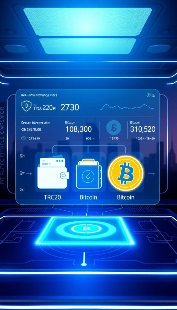 A sleek, futuristic digital workspace with a centralized dashboard displaying the seamless conversion process from TRC20 tokens to Bitcoin. In the foreground, a transparent holographic interface showcases real-time exchange rates and secure transaction details, bathed in a soft blue glow. The middle ground features a trio of stylized digital wallets, each representing the TRC20, intermediary, and Bitcoin accounts, connected by flowing data streams. The background depicts a subtle cityscape skyline, hinting at the global reach and accessibility of this advanced cryptocurrency conversion tool. The overall atmosphere conveys a sense of advanced technology, financial security, and user-friendly efficiency.