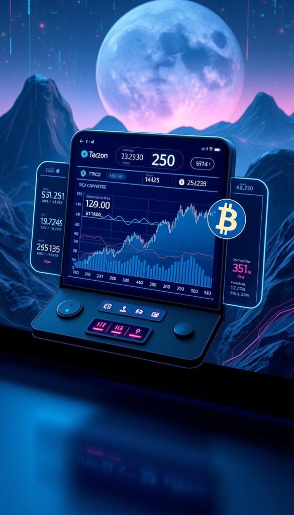 A sleek, high-tech converter interface hovers against a backdrop of futuristic digital landscapes. Holographic displays project real-time exchange rates and conversion charts, while minimalist controls allow for seamless TRC20 to Bitcoin transactions. Crisp shadows and dramatic lighting create a sense of precision and efficiency, conveying the converter's reliable performance. The overall atmosphere is one of advanced technology, financial security, and user-friendly simplicity - an essential tool for the modern cryptocurrency trader.