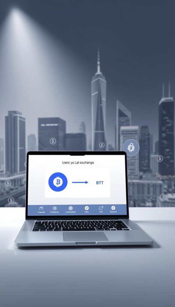 A sleek, modern cryptocurrency exchange service with a clean, intuitive interface. The foreground features a laptop displaying the exchange process, with a stylized USDT to BTC conversion animation. The middle ground showcases secure transaction icons, while the background depicts a cityscape with towering skyscrapers, reflecting the fast-paced, global nature of the service. Soft, directional lighting illuminates the scene, creating a sense of professionalism and reliability. The overall mood is one of efficiency, trust, and technological sophistication.