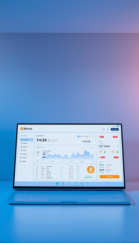 A sleek, modern desktop interface showcasing a seamless TRC20 to Bitcoin conversion process. In the foreground, a clean, minimalist UI displays intuitive controls and conversion metrics. The middle ground features detailed cryptocurrency charts and data visualizations, providing real-time insights. In the background, a subtle, elegant gradient backdrop sets the tone, conveying a sense of technological sophistication and financial security. Crisp lighting and a shallow depth of field draw the viewer's focus to the central conversion tools, creating a polished, professional atmosphere.