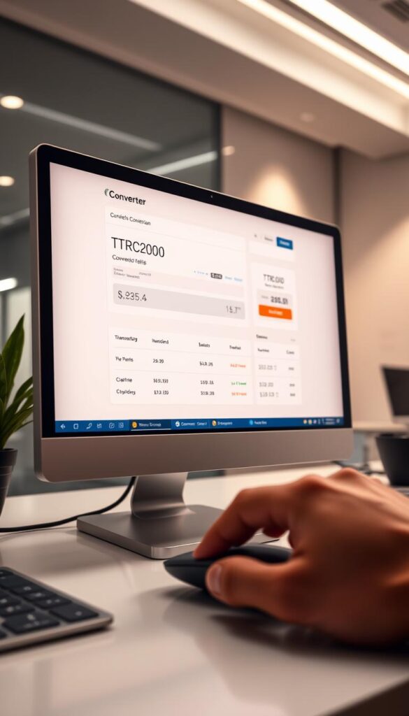 A sleek, modern desktop setup with a central computer monitor displaying a user-friendly TRC20 to Bitcoin conversion interface. The screen shows clear transaction details, conversion rates, and intuitive controls. In the foreground, a hand uses a computer mouse to navigate the converter app. The background features a clean, minimalist office environment with subtle lighting and a sense of professionalism and efficiency. The overall atmosphere conveys the benefits of using a powerful, trustworthy TRC20 to Bitcoin conversion tool - simplicity, transparency, and a seamless user experience.