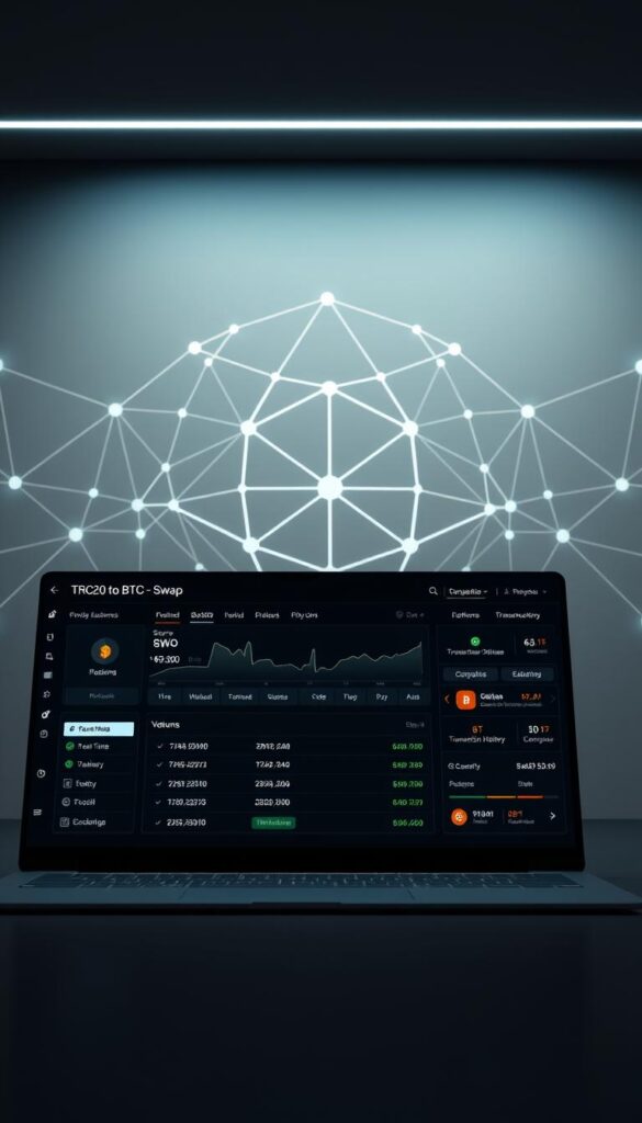 A sleek, modern interface showcasing an efficient TRC20 to BTC swap platform. In the foreground, a user-friendly dashboard displays real-time exchange rates, swap volumes, and transaction history. The middle ground features secure transaction processing, with blockchain verification and confirmation steps. In the background, a geometric pattern of interconnected nodes and lines represents the platform's robust, decentralized infrastructure. The scene is illuminated by soft, directional lighting, creating a sense of professionalism and reliability. The overall mood conveys a seamless, trustworthy experience for exchanging TRC20 tokens into Bitcoin.