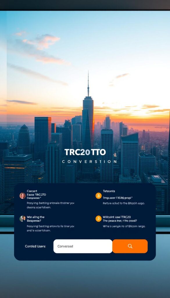 A sleek, modern interface with a central TRC20 to Bitcoin conversion tool. The foreground showcases the input fields, conversion buttons, and intuitive user controls in a clean, minimalist design. The middle ground features testimonials and positive reviews from satisfied users, conveying trust and reliability. The background depicts a serene cityscape with skyscrapers and a vibrant sunset, creating a sense of global reach and accessibility. Soft, warm lighting illuminates the scene, enhancing the user-friendly atmosphere. The overall composition evokes a seamless, professional, and hassle-free experience for converting TRC20 to Bitcoin.