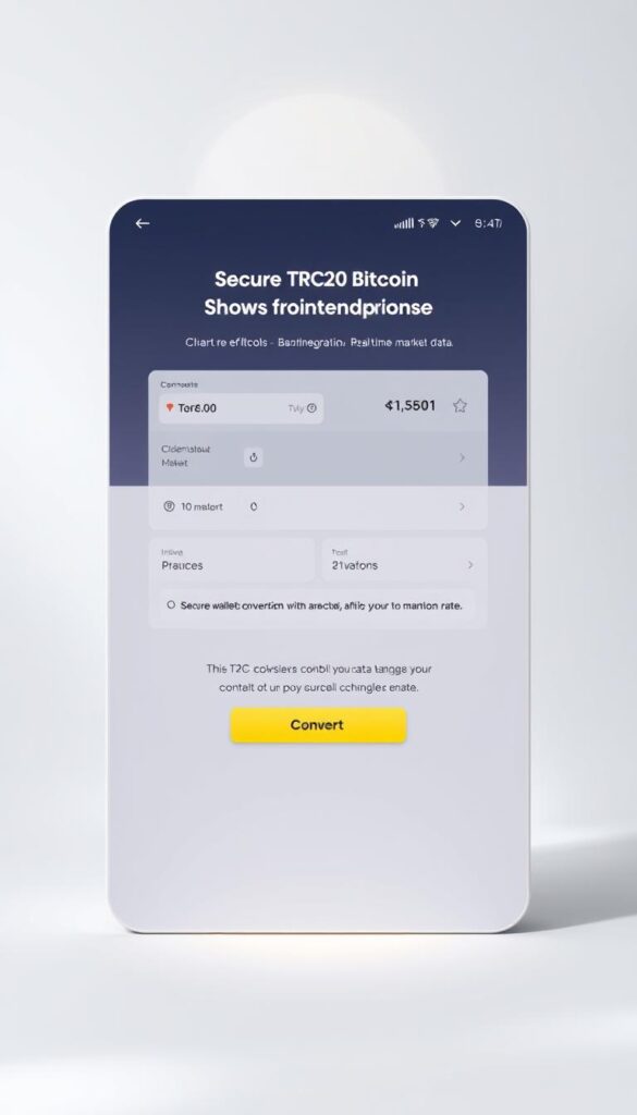 A sleek, modern platform showcasing a seamless TRC20 to Bitcoin conversion process. Situated in a minimalist, well-lit interface, the platform features intuitive controls, clean typography, and a prominently displayed exchange rate. The foreground depicts a smooth transaction flow, with intuitive input fields and a prominent "Convert" button. The middle ground highlights secure wallet integration and real-time market data, while the background subtly conveys a sense of trust and reliability through subtle blockchain-inspired visuals. Soft, directional lighting emphasizes the platform's professional and trustworthy atmosphere, inviting users to engage with a secure and efficient TRC20 to Bitcoin conversion experience.