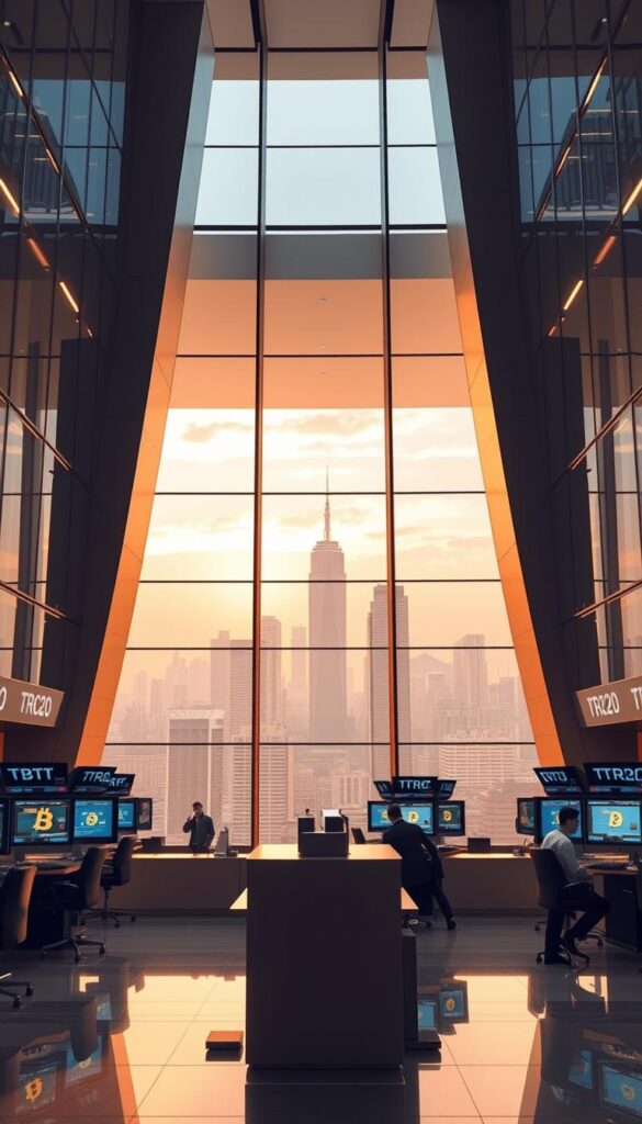A state-of-the-art cryptocurrency exchange with a sleek, modern interface. The lobby is bathed in soft, indirect lighting, creating a warm and inviting atmosphere. Towering, angular glass facades offer panoramic views of a bustling city skyline in the background. In the foreground, a row of high-tech, touchscreen trading terminals manned by focused, professional traders. The entire scene conveys a sense of security, reliability, and technological innovation - the perfect setting for a trusted TRC20 to Bitcoin swap service.