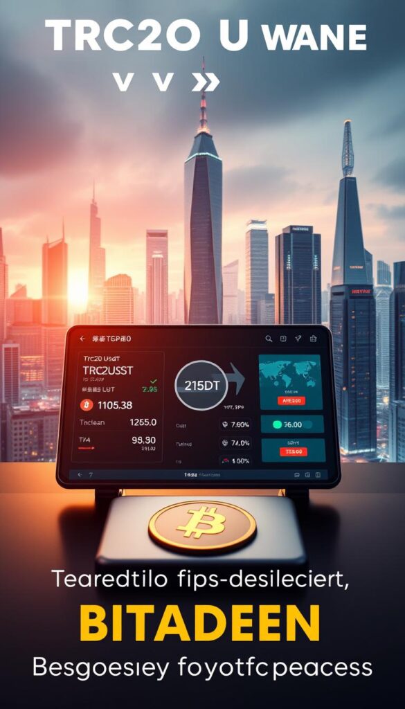 A vibrant and dynamic digital exchange, showcasing the seamless swap of TRC20 USDT to Bitcoin. In the foreground, an intuitive user interface displays real-time exchange rates and transaction details, inviting the user to navigate the process with confidence. The middle ground features a sleek and modern cryptocurrency wallet, symbolizing the secure storage of digital assets. In the background, a futuristic cityscape with towering skyscrapers and a vibrant energy grid creates a sophisticated, technologically-advanced atmosphere. The lighting is crisp and clean, with a soft, warm glow illuminating the scene, conveying a sense of trust and reliability. The overall composition exudes a sense of simplicity, efficiency, and the empowerment of beginner crypto traders.