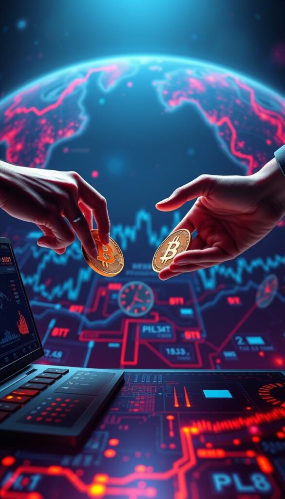 A vibrant digital landscape with a central focal point of two hands rapidly exchanging TRC20 USDT tokens for BTC. The foreground features a sleek, futuristic user interface with intuitive controls and real-time exchange data. The middle ground showcases a dynamic cryptocurrency exchange network, pulsing with energy and data visualizations. The background subtly implies the global scale and interconnectedness of the digital financial ecosystem. Dramatic lighting casts bold shadows, creating a sense of urgency and immediacy. The overall composition conveys the speed, efficiency, and accessibility of the TRC20 USDT to BTC exchange process.