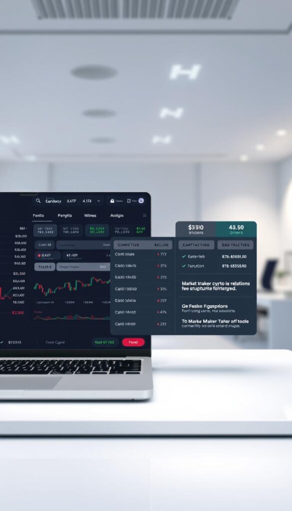 A well-lit, high-resolution 3D rendering of a modern crypto trading platform interface, showcasing a clear and concise breakdown of competitive fee structures. The foreground features a sleek, intuitive dashboard with easy-to-read charts, graphs, and transaction details. The middle ground displays a side panel highlighting different fee tiers, trading volume discounts, and market maker/taker fee models. The background blurs into a serene, minimalist workspace, emphasizing the platform's focus on simplicity and transparency. The overall mood is one of professional efficiency, conveying trust and reliability for security-conscious crypto traders.