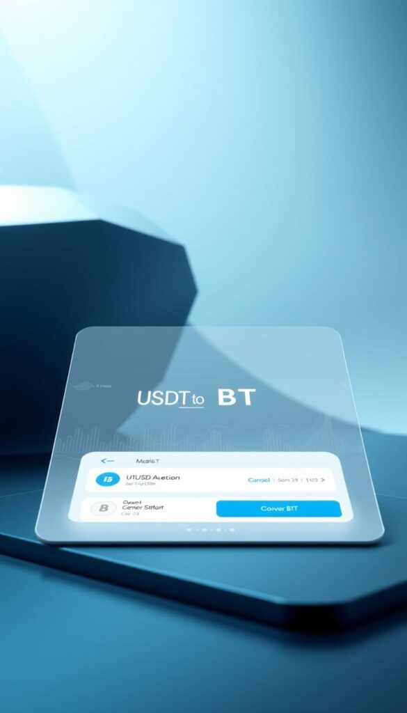 An ultra-modern digital finance transaction executed with precision, showcasing a sleek and streamlined USDT to BTC exchange interface. The foreground features a minimalist layout with clean typography, crisp icons, and a prominent conversion button against a muted, futuristic backdrop. The middle ground depicts smooth, organic movements and subtle animations, conveying a sense of effortless digital fluidity. The background is bathed in a cool, monochromatic palette, punctuated by geometric shapes and holographic accents, creating an aura of technological sophistication. Soft, directional lighting accentuates the digital elegance, while a low-angle perspective emphasizes the user-centric, intuitive design. The overall atmosphere exudes a sense of efficiency, reliability, and cutting-edge innovation.