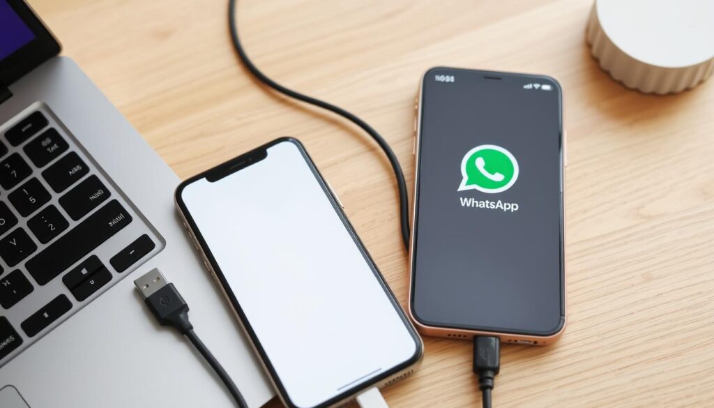 Android and iPhone connected to computer for WhatsApp transfer