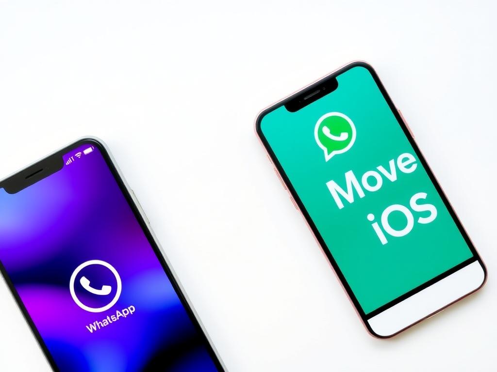 Android and iPhone devices with WhatsApp and Move to iOS app icons
