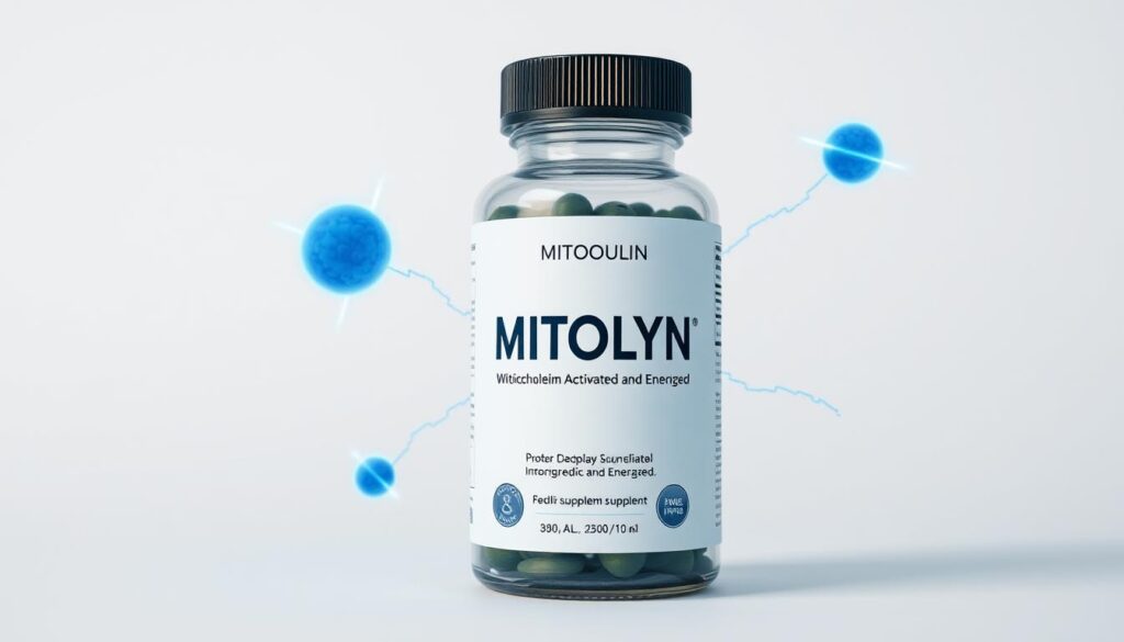 MITOLYN supplement bottle with visual representation of mitochondrial activation MITOLYN supplement bottle with visual representation of mitochondrial activation