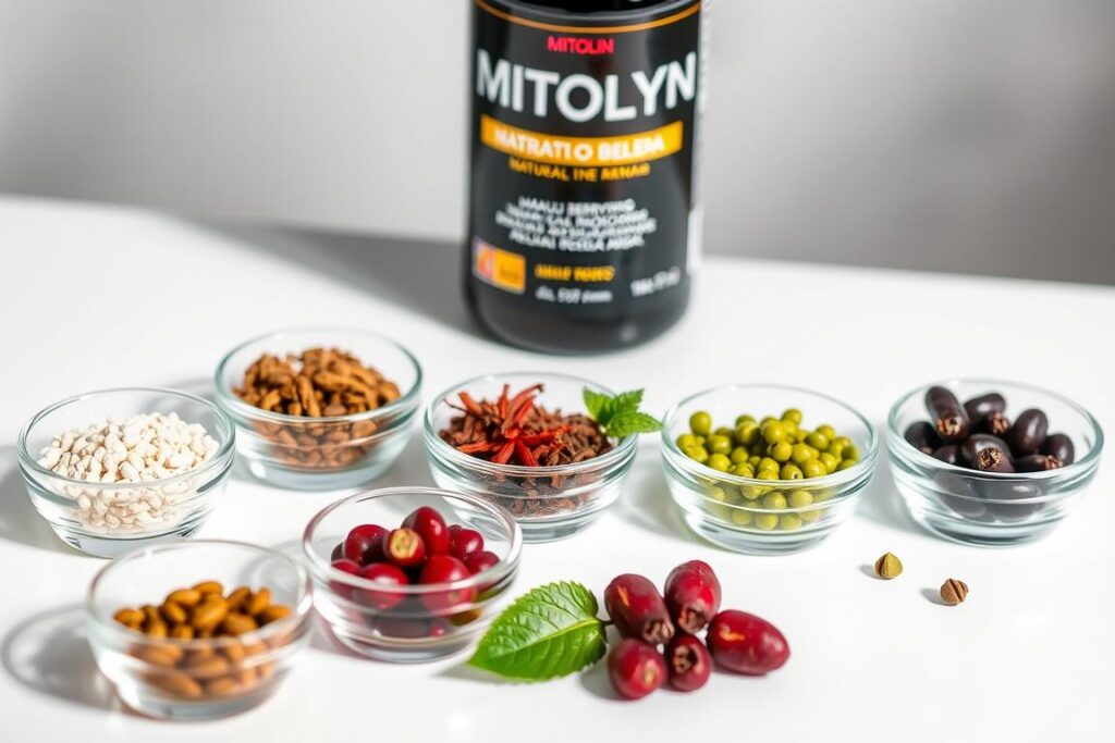 Natural ingredients in MITOLYN displayed in a scientific arrangement Natural ingredients in MITOLYN displayed in a scientific arrangement