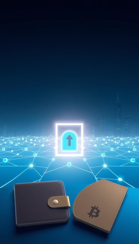 Prompt A secure cryptocurrency conversion transaction, depicted in a clean, minimalist style. In the foreground, two digital wallets exchange funds seamlessly, with sleek, futuristic designs. The middle ground showcases a secure blockchain network, represented by a series of interconnected nodes bathed in a soft, blue-hued light. In the background, a city skyline is visible, symbolizing the global reach and accessibility of the transaction. The overall mood is one of trust, efficiency, and technological sophistication, conveying the safety and reliability of the cryptocurrency swap process.