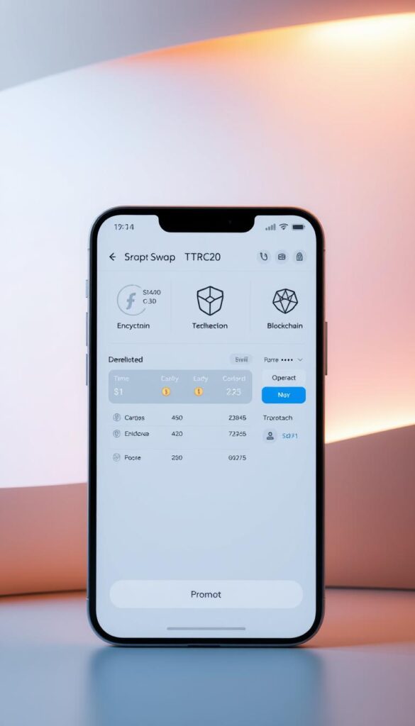 Prompt A sleek, modern financial application interface showcasing a trusted TRC20 swap service. In the foreground, a clean dashboard displays the swap functionality, with intuitive controls and transparent transaction details. The middle ground features secure encryption icons and blockchain logos, conveying the service's reliability and transparency. In the background, a soft, abstract geometric pattern creates a sense of technological sophistication. Warm lighting and a minimalist color palette of blues and grays contribute to an atmosphere of professionalism and trustworthiness.