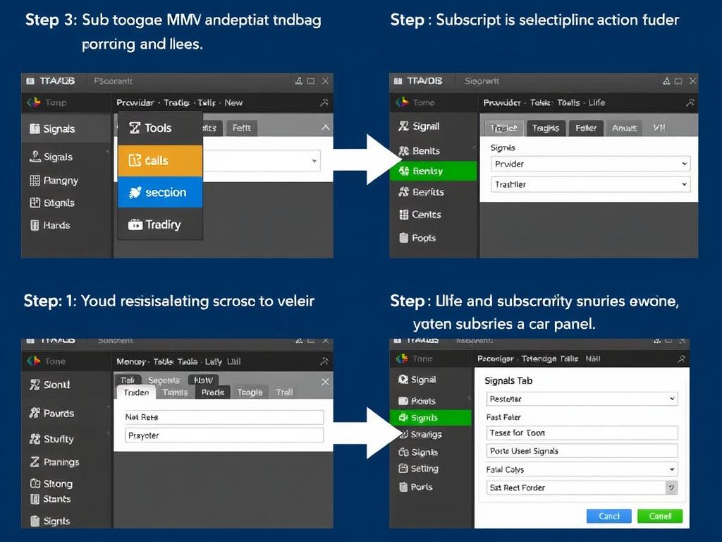 Step-by-step visual guide showing how to set up MT4 trading signals with automatic execution Step-by-step visual guide showing how to set up MT4 trading signals with automatic execution