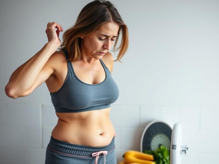 Woman frustrated with scale showing weight plateau despite diet efforts