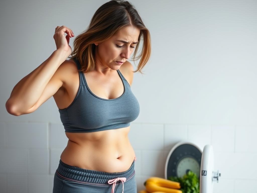 Woman frustrated with scale showing weight plateau despite diet efforts