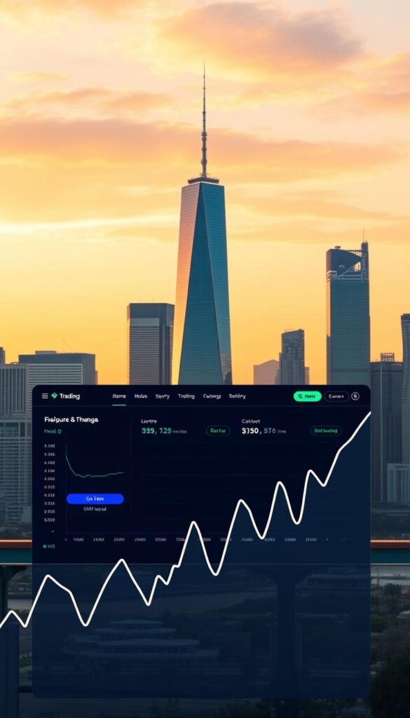 a modern, intuitive crypto exchange platform with a sleek and minimalist user interface, featuring a low-fee trading experience. The platform is set against a backdrop of a city skyline, with tall skyscrapers and a vibrant, futuristic atmosphere. In the foreground, a simplified line graph depicts the fluctuations of cryptocurrency prices, emphasizing the platform's data-driven insights and analytical tools. The overall scene conveys a sense of security, reliability, and efficiency, reflecting the platform's commitment to providing a secure and cost-effective trading environment for crypto enthusiasts.