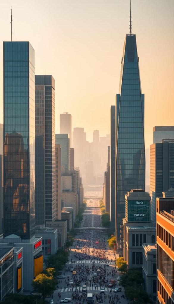 A bustling cityscape featuring the headquarters of prominent copy trading companies. In the foreground, sleek skyscrapers with modern architectural designs stand tall, their glass facades reflecting the warm glow of the afternoon sun. In the middle ground, busy streets are filled with pedestrians and vehicles, conveying the energy and dynamism of the financial district. In the background, a hazy skyline stretches out, punctuated by the silhouettes of additional high-rise buildings. The scene is bathed in a warm, golden light, creating a sense of prosperity and opportunity. The overall atmosphere evokes the power and prestige of the top copy trading companies in the United States.