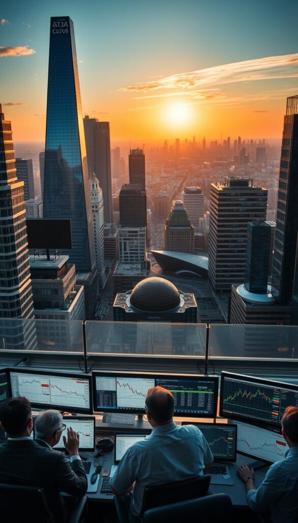 A bustling cityscape in Europe, with skyscrapers and modern architecture casting long shadows under a warm, golden sunset. In the foreground, a group of traders intently monitoring multiple screens, gesturing and discussing investment strategies. In the middle ground, a sleek, glass-walled trading floor, bustling with activity as traders execute complex financial transactions. In the background, a panoramic view of the city skyline, hinting at the broader economic landscape. The scene conveys a sense of dynamism, expertise, and the potential for financial growth through the practice of copy trading.