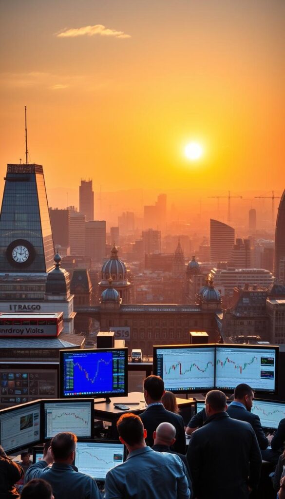 A bustling cityscape of London's financial district, bathed in the warm glow of a setting sun. In the foreground, a group of traders gathered around a large computer monitor, intently studying the real-time movements of various financial instruments. The middle ground showcases the iconic landmarks of the City of London, such as the Tower Bridge and the Gherkin, creating a familiar and recognizable backdrop. In the distance, the hazy silhouettes of skyscrapers and cranes suggest the constant activity and growth of the UK's thriving financial hub. The scene conveys a sense of dynamism, opportunity, and the allure of the lucrative world of copy trading.