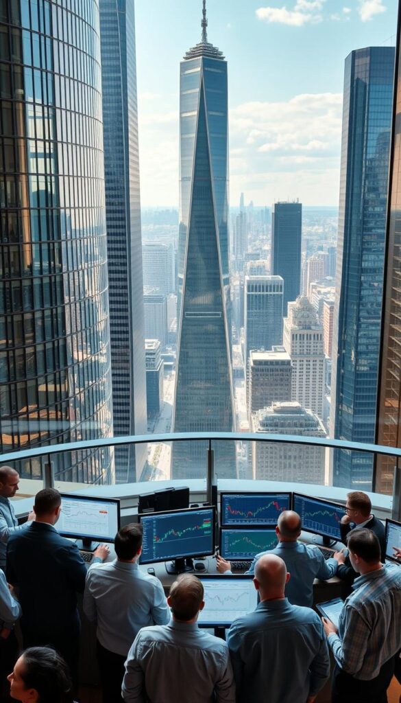 A bustling financial hub with a panoramic view of the city skyline. In the foreground, a group of successful traders gathered around a large interactive display, analyzing market trends and discussing their investment strategies. The middle ground features several computer screens showcasing live trading platforms, with graphs and charts depicting the performance of top copy traders in the UK. The background is dominated by the towering glass and steel architecture of the financial district, conveying a sense of wealth, sophistication, and the fast-paced nature of the industry. The lighting is bright and modern, creating a clean, professional atmosphere. The camera angle is slightly elevated, providing a broad, encompassing view of the scene.
