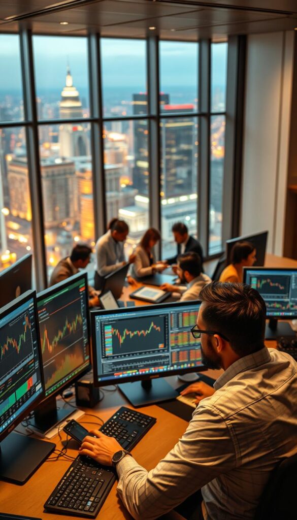 A bustling financial trading desk, with multiple computer screens displaying live market data and trading charts. In the foreground, a trader carefully examining various copy trading strategies, represented by digital charts and graphs. The middle ground features a team of analysts collaborating on market analysis, while the background showcases a sleek, modern office environment with large windows overlooking a vibrant city skyline. Warm, focused lighting illuminates the scene, creating a professional and immersive atmosphere. The overall composition conveys the intricacies and dynamism of the copy trading world.